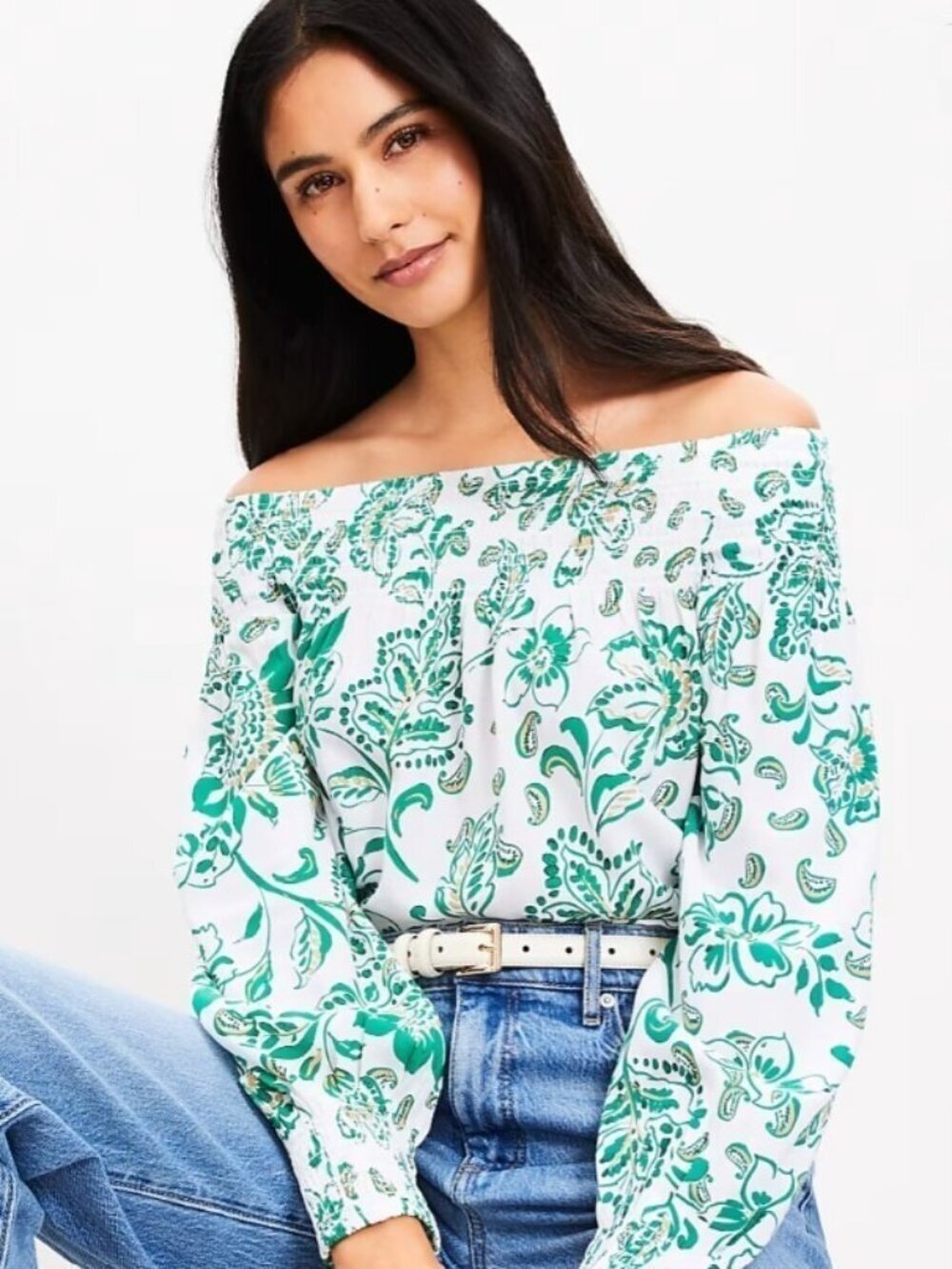 NWT LOFT Green and White Floral Smocked Off Shoulder Top Size S
